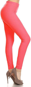 Womens 1" Waistband High Waisted Solid Leggings Pants (Full Length, Neon Pink, One Size Plus)